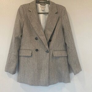 HM Womens Herringbone Double Breasted Blazer Grey Brown Tweed Jacket XS